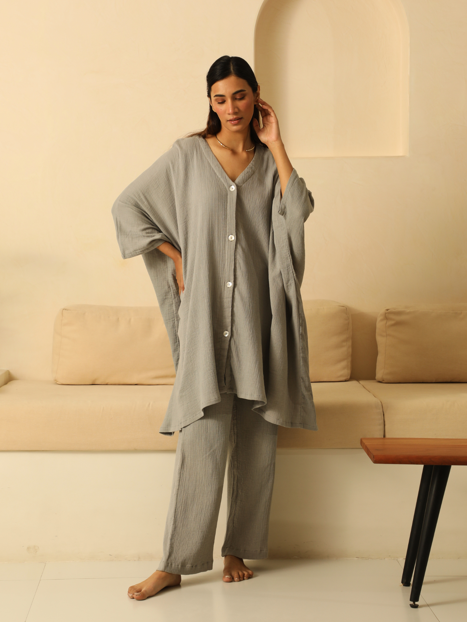 Kaftaan Shirt with Gauze Pants in Stone Grey