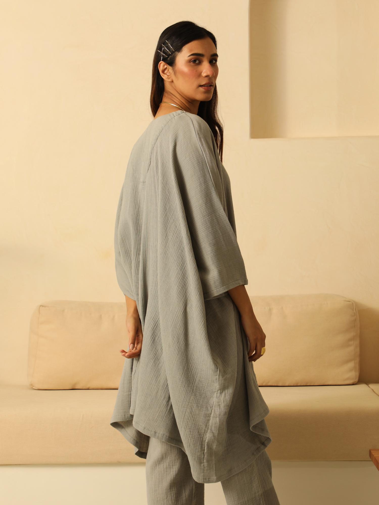 Kaftaan Shirt with Gauze Pants in Stone Grey