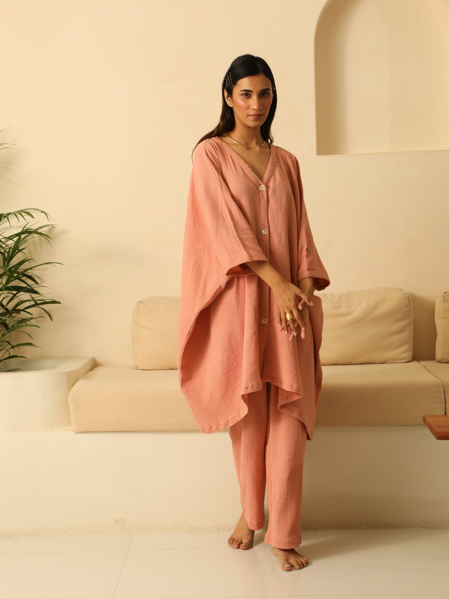 Kaftaan Shirt with Gauze Pants in Rose