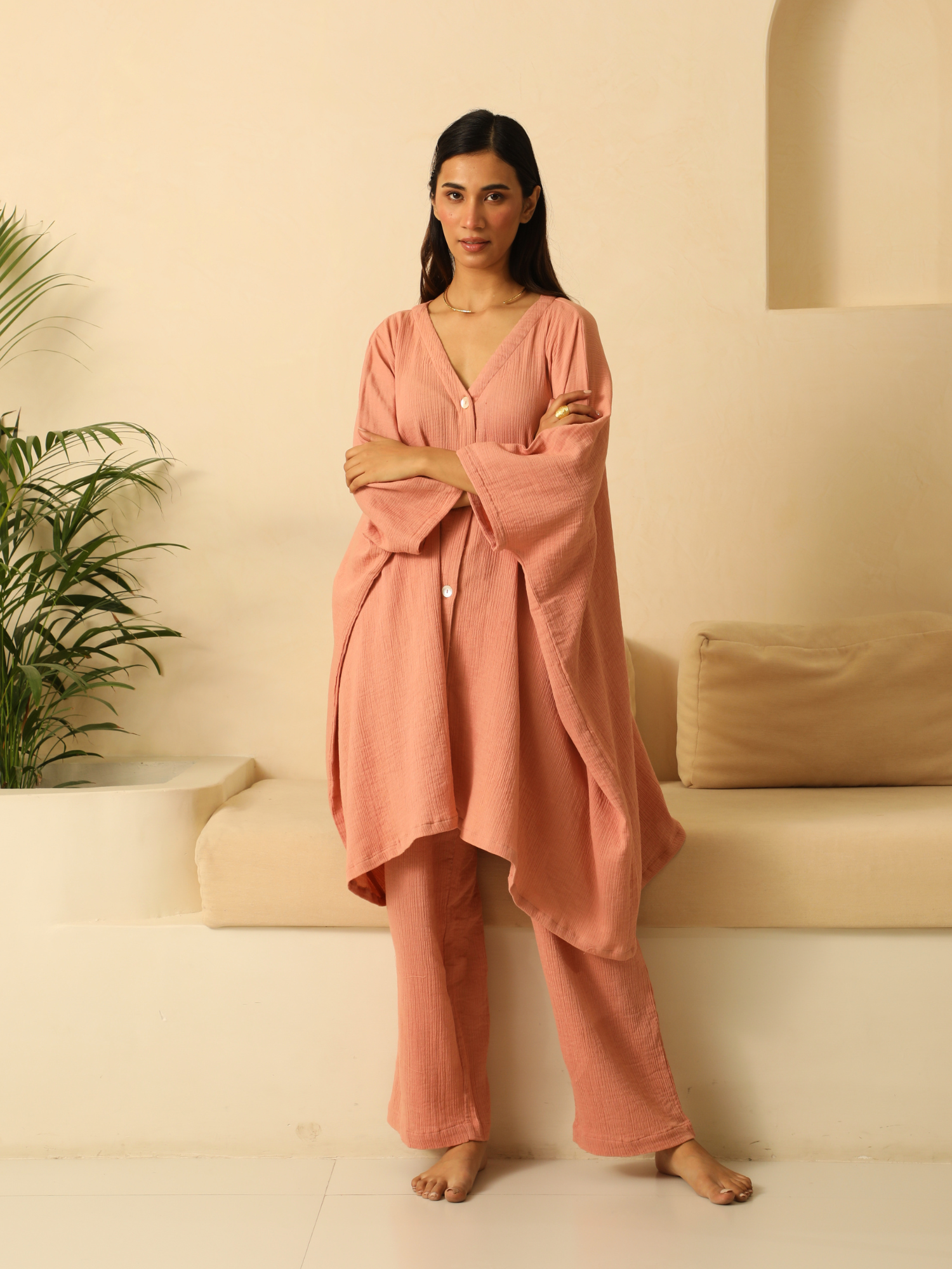 Kaftaan Shirt with Gauze Pants in Rose