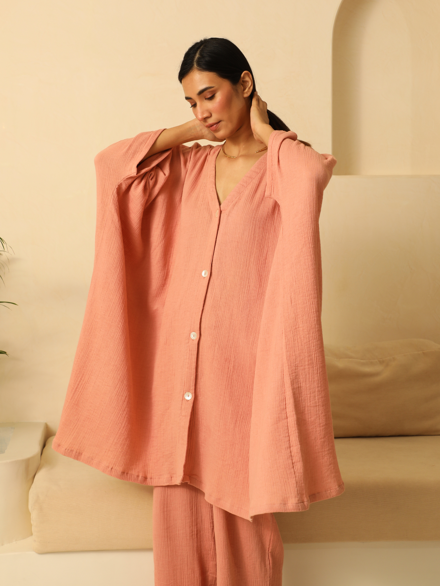 Kaftaan Shirt with Gauze Pants in Rose