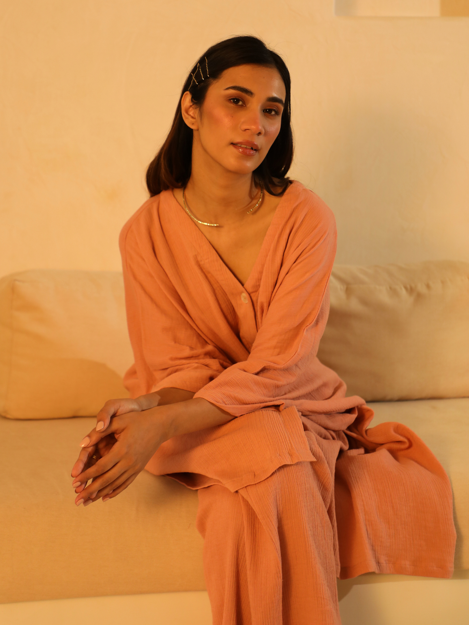 Kaftaan Shirt with Gauze Pants in Rose