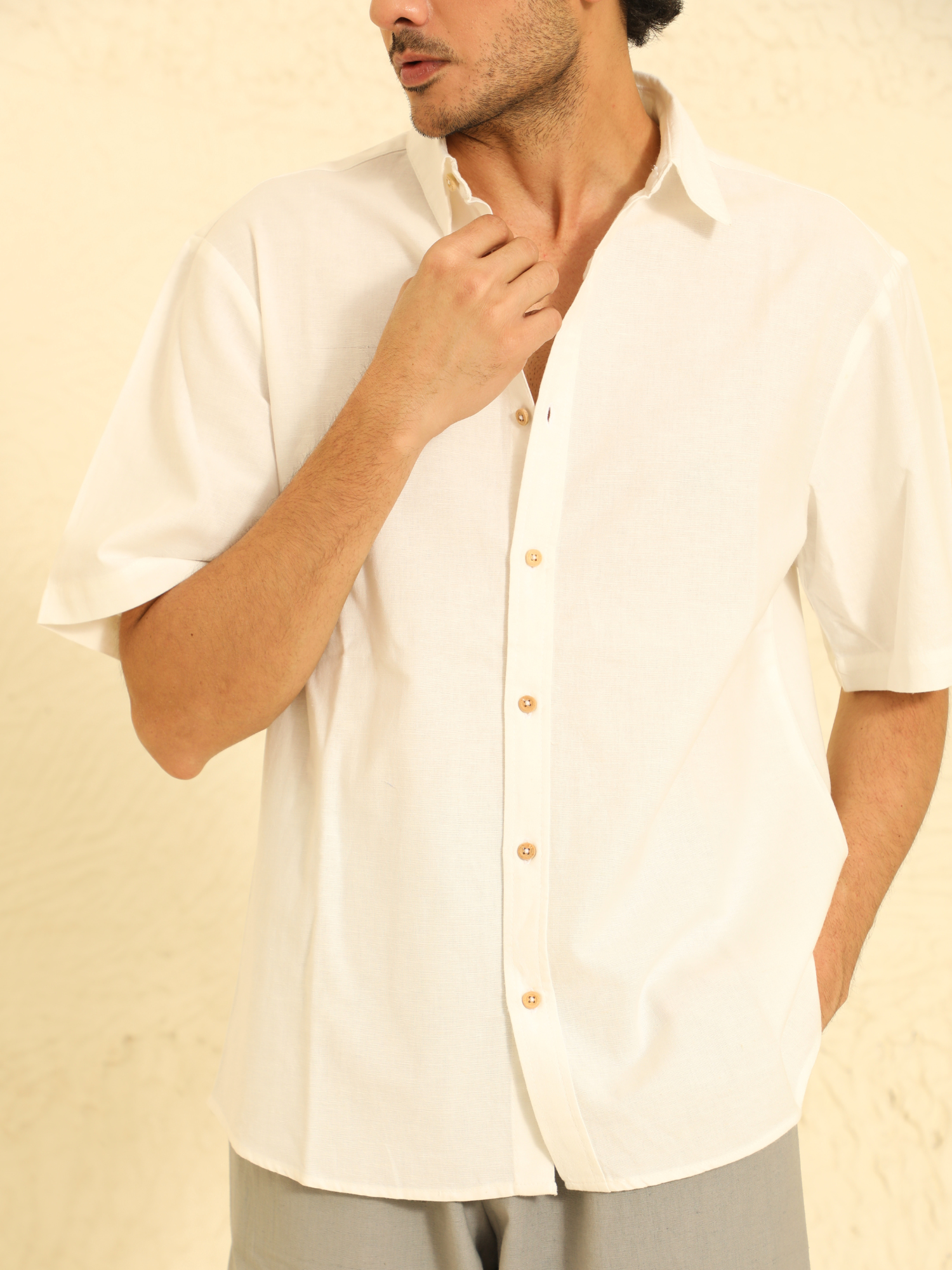 Half Sleeves Linen Shirt in Vanilla