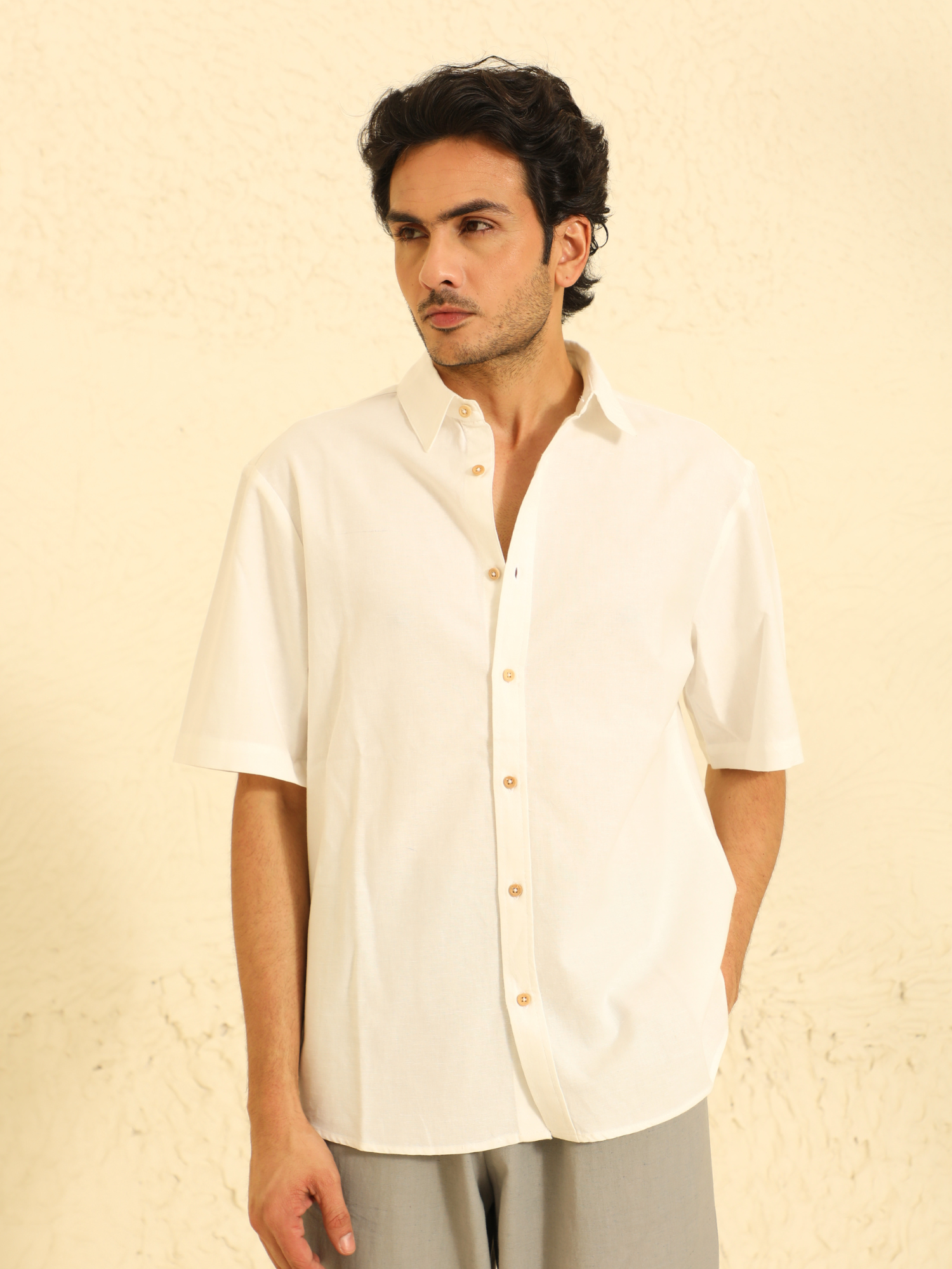 Half Sleeves Linen Shirt in Vanilla