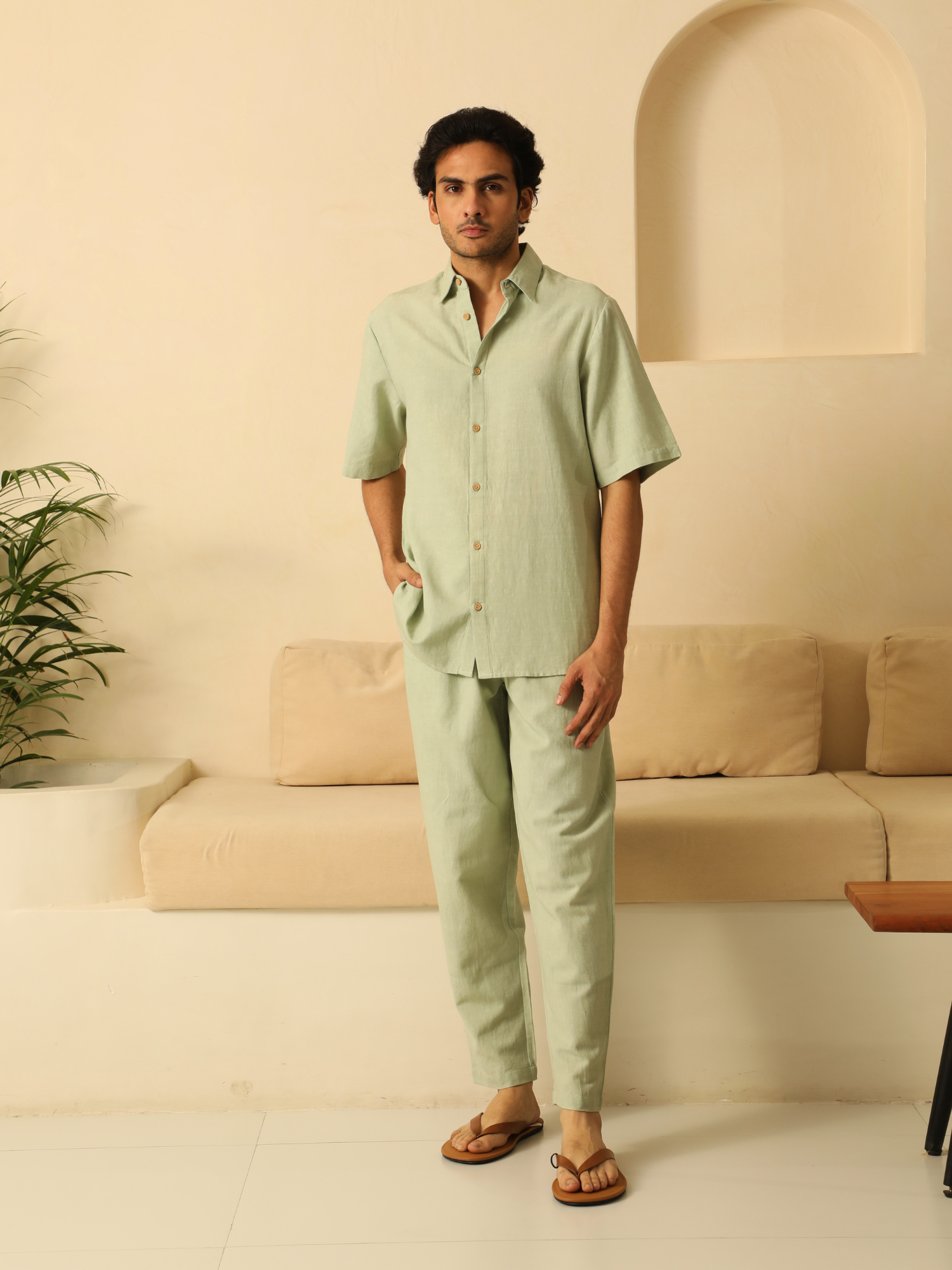 Mens Half Sleeves Linen Shirt in Sage Green