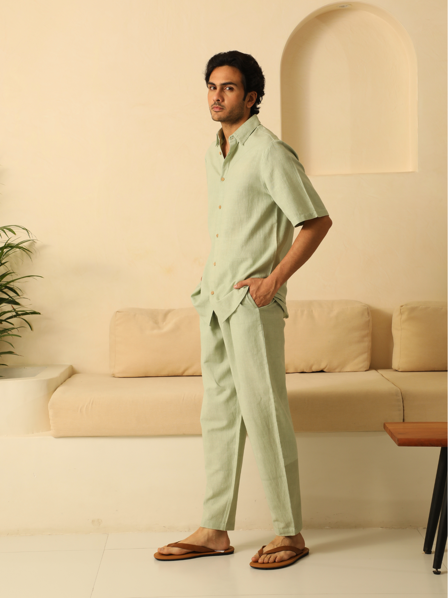 Mens Half Sleeves Linen Shirt in Sage Green