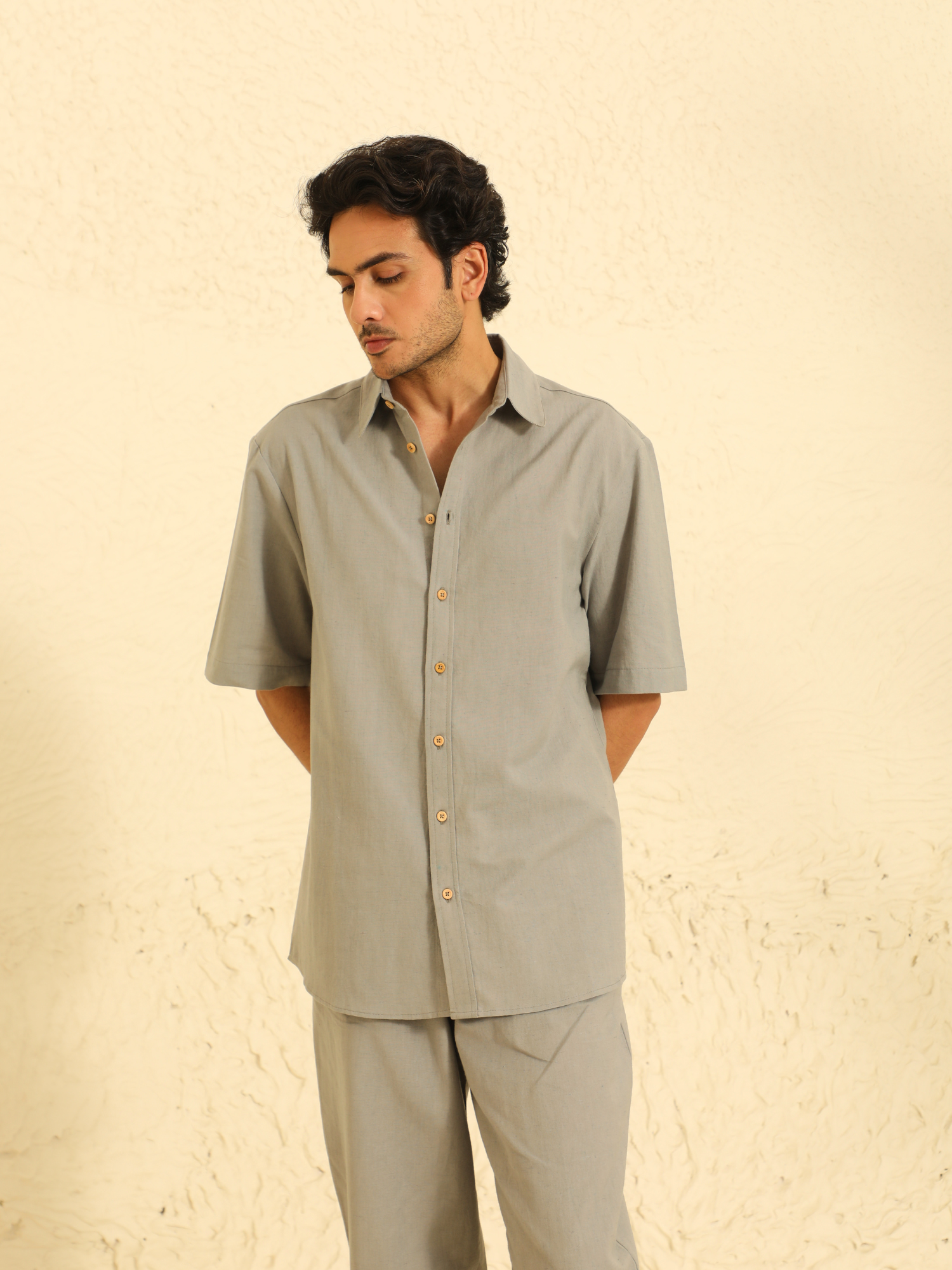 Mens Linen Coord Set in Stone Grey